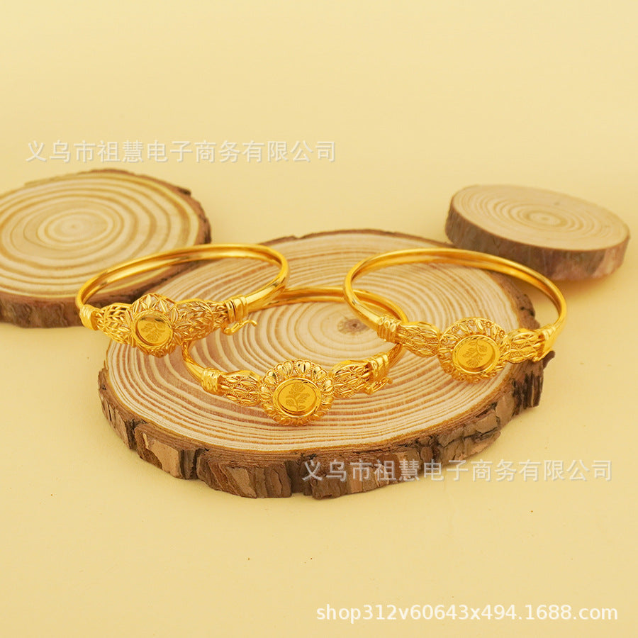 Trendy bohemian gold-plated copper bangle with open-end design - a high-end, luxurious bracelet perfect as a bridal gift