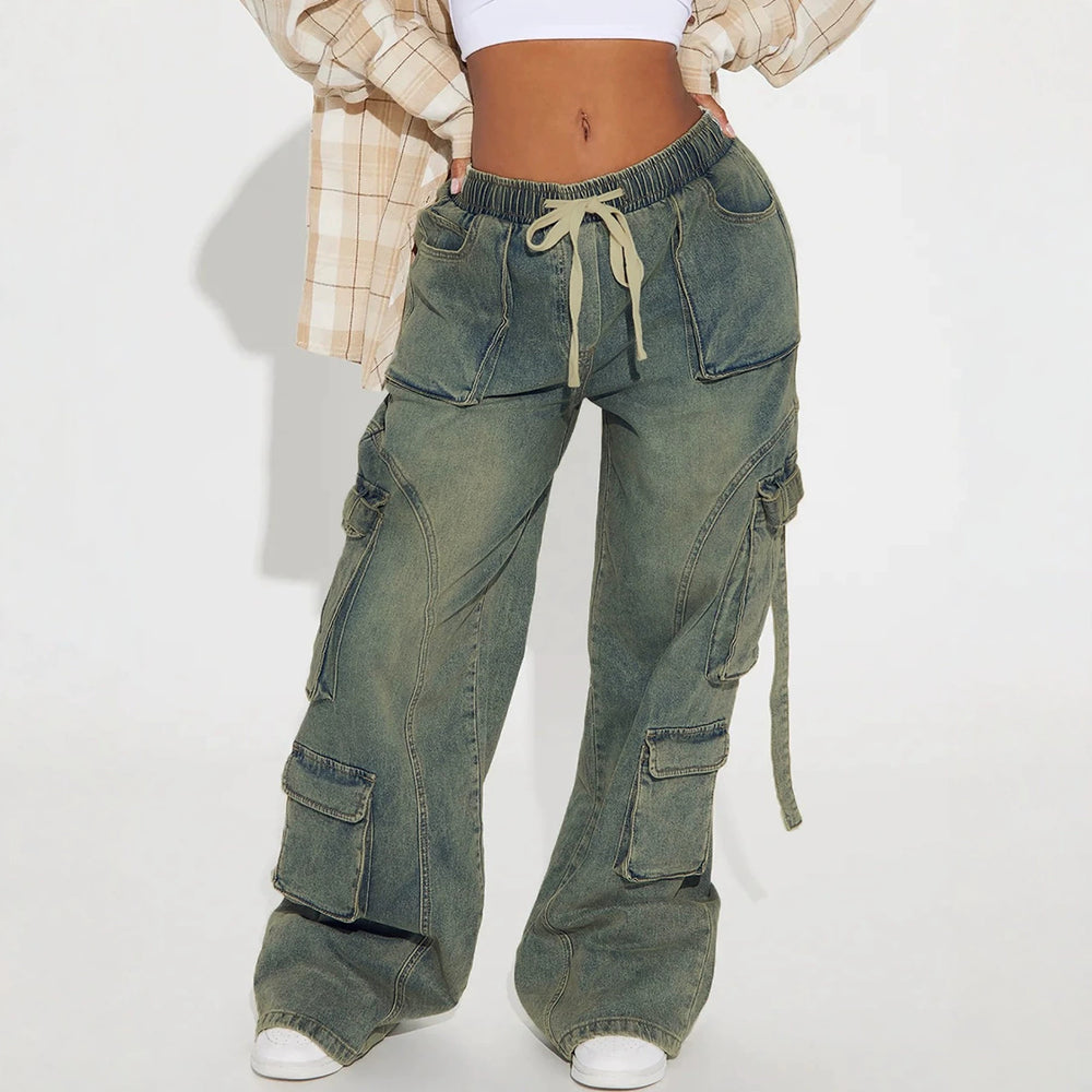 American retro distressed workwear wide-leg jeans - women's side pocket cargo pants with drawstring waist and loose fit