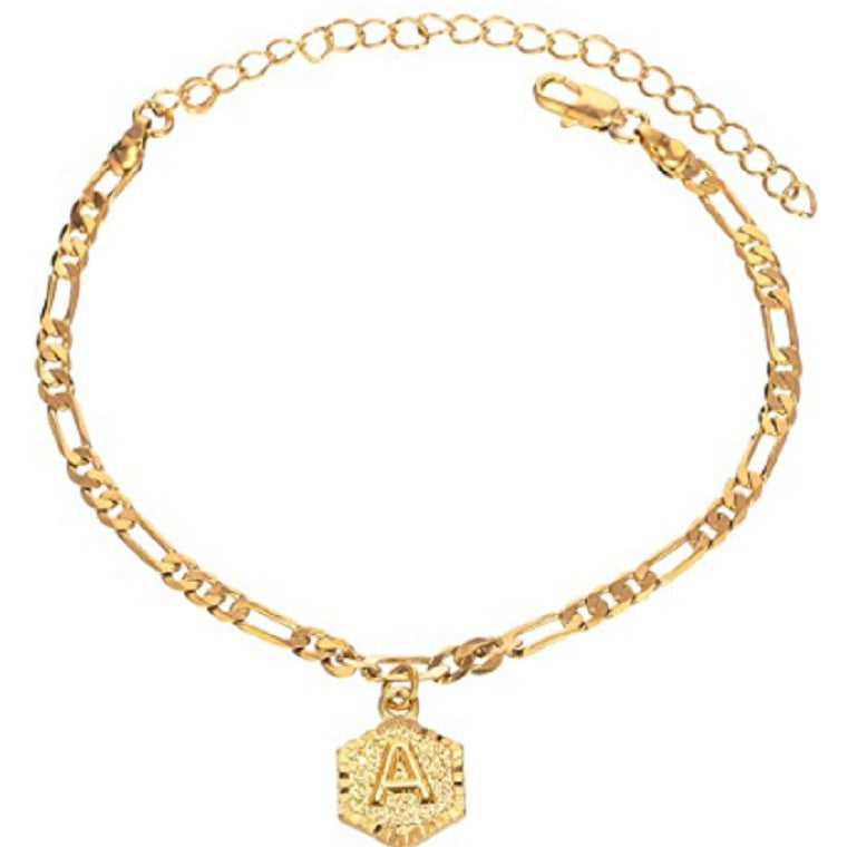 European and american cross-border hot-selling 26 capital letter hexagon 14k gold plated anklet - fashionable anklet for men and women