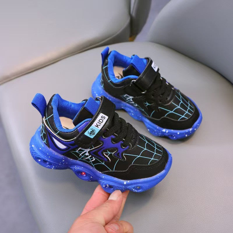 Spring/autumn new korean style leather spider-man led light-up shoes for boys, ages 1-6, athletic casual sneakers