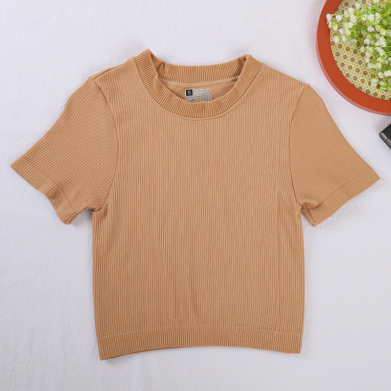 Cross-border new crew neck T-shirt  yoga sports short-sleeved threaded cotton spring and summer pullover short-sleeved top