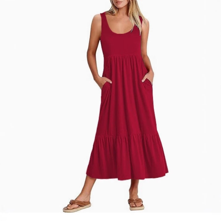 european and american cross-border summer sleeveless tank dress - flowy, layered beach maxi dress with pockets for women