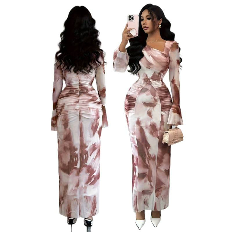 Women's new autumn retro elegant tie-dye print mesh design pleated slim-fit bodycon long sleeve dress
