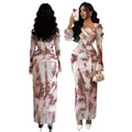 Women's new autumn retro elegant tie-dye print mesh design pleated slim-fit bodycon long sleeve dress