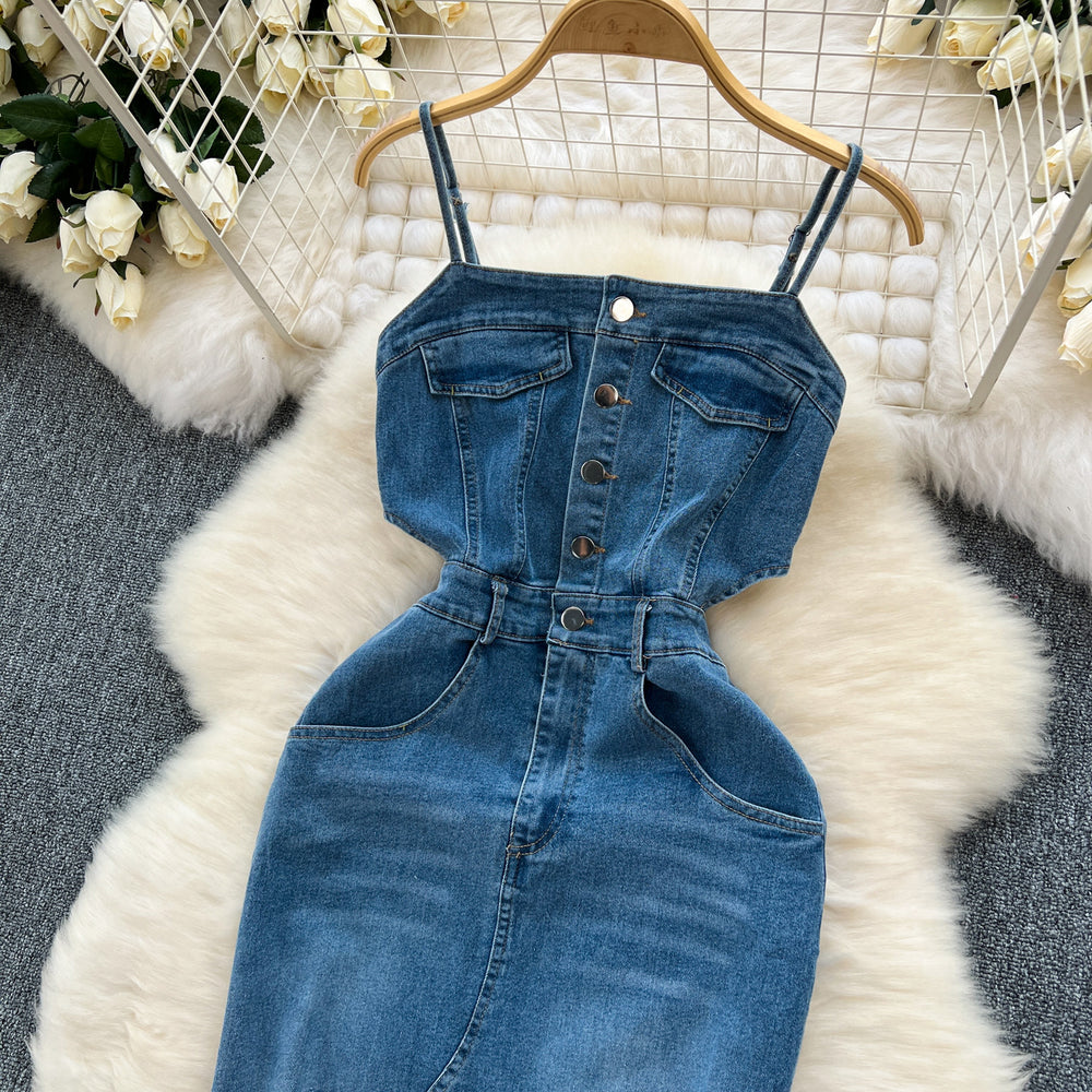 Chic hong kong style retro denim dress - designer raw hem slit slim fit midi slip dress - women's summer fashion