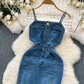 Chic hong kong style retro denim dress - designer raw hem slit slim fit midi slip dress - women's summer fashion