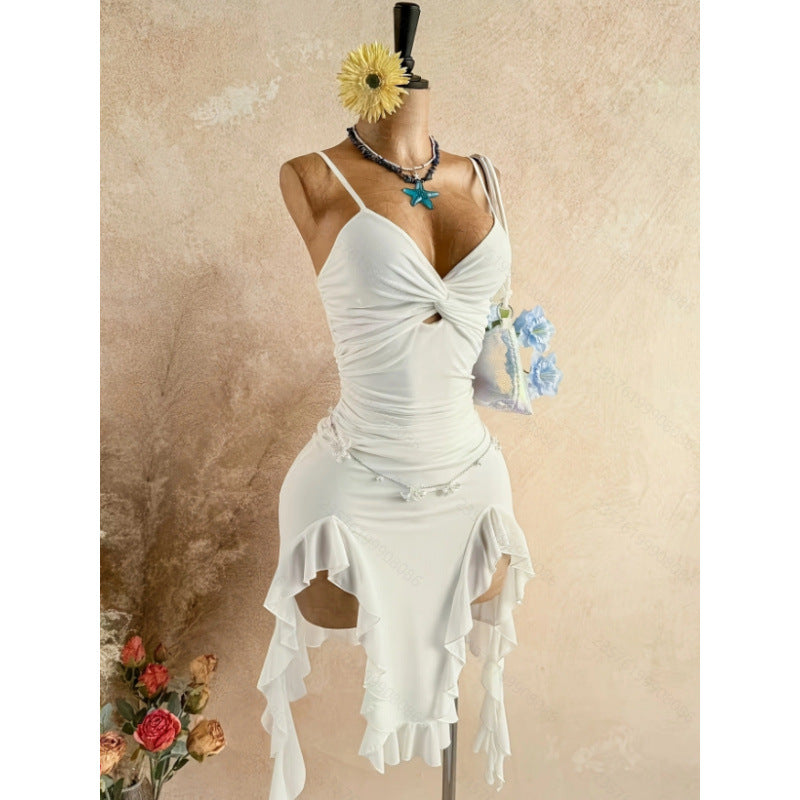 Women's new summer romantic vacation solid color mesh twist knot asymmetrical hem midi slip dress