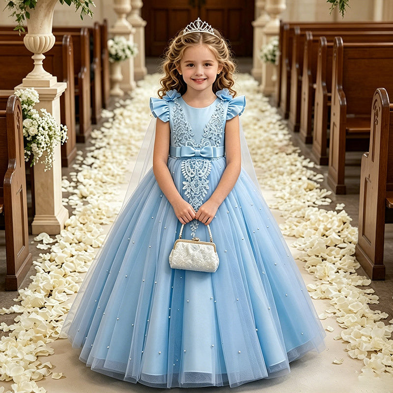 foreign trade girl's dress shawl tulle  new flower girl wedding dress small flying sleeves kids princess dress in stock