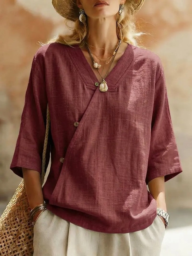 summer new women's solid color cotton linen european and american button-down top - cross-border e-commerce