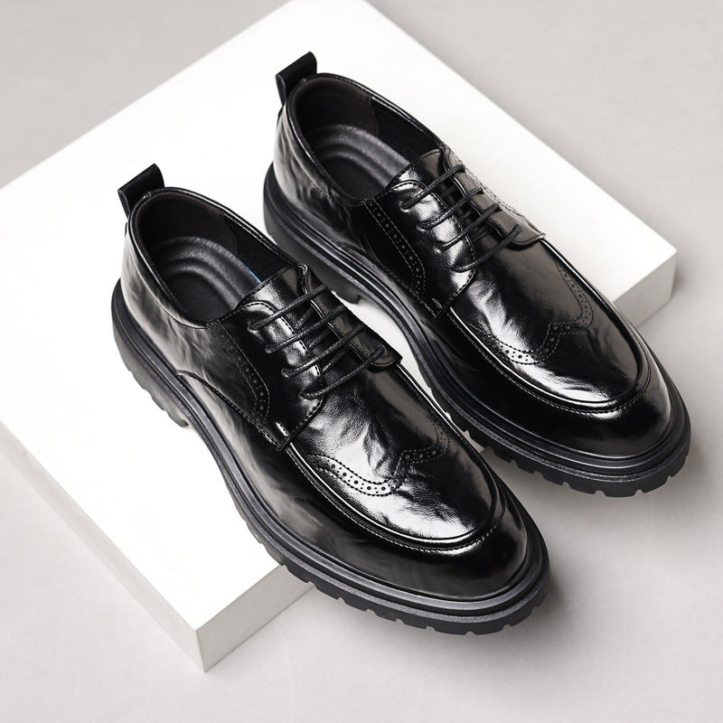 Men's leather dress shoes - new business formal brogue style - british casual - black - live stream wedding groom shoes