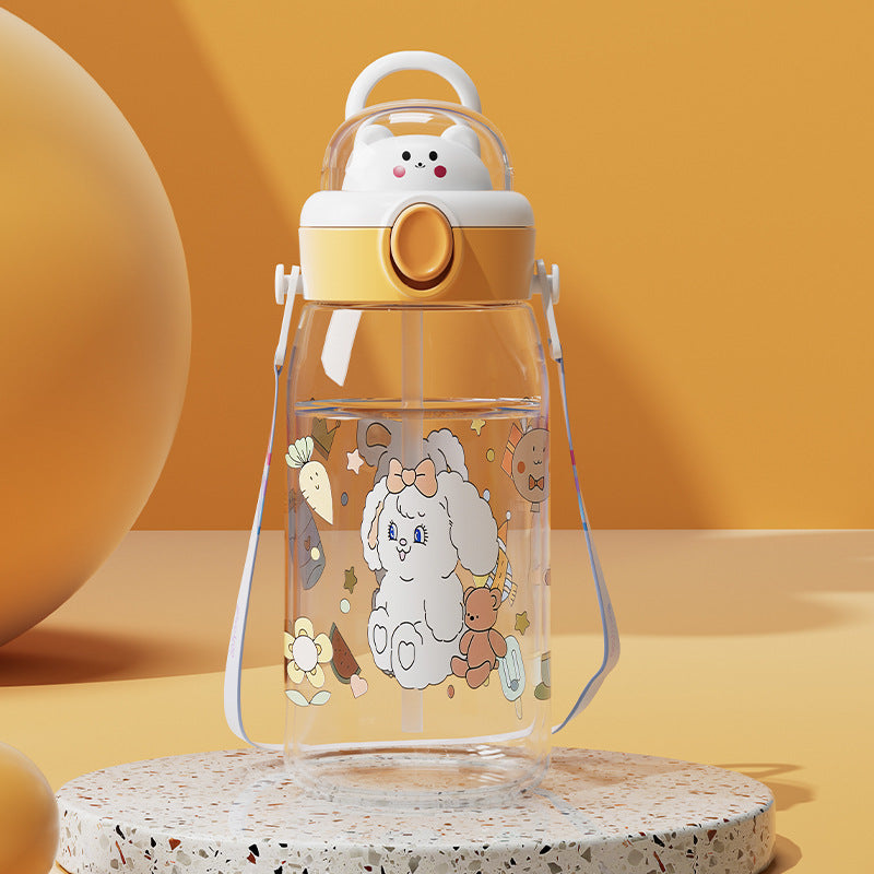 Cartoon cute high-capacity kids' straw water bottle - perfect for school with shoulder strap and carry loop - portable summer water bottle