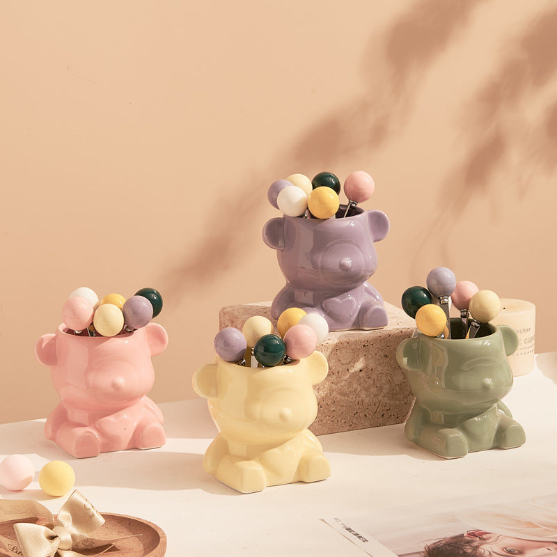 New arrival cream style ceramic bear hanging fruit fork jar suit high-looking home goods afternoon tea fruit fork spoon