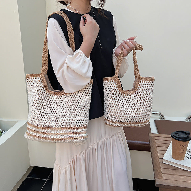 Cross-border commuting large-capacity hollow woven bag women's 2025 new versatile shoulder bag casual knitted tote bag