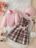 exclusive supply of elegance woolen outwear + plaid a-skirt + bow hat fall and wintergirlsuit three-piece set