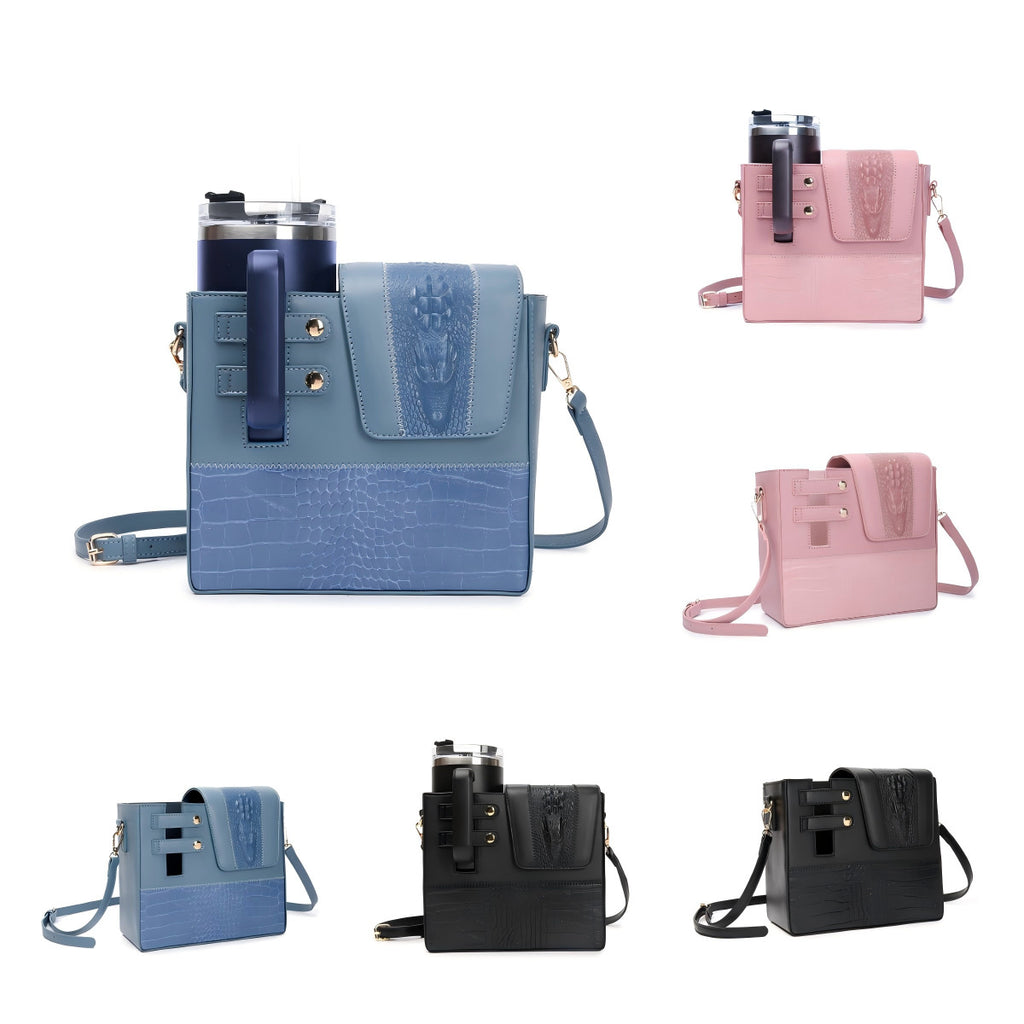 Cross-border hot-selling crocodile pattern messenger bag PU leather beverage water cup bag light luxury portable travel bag universal thermos cup bag