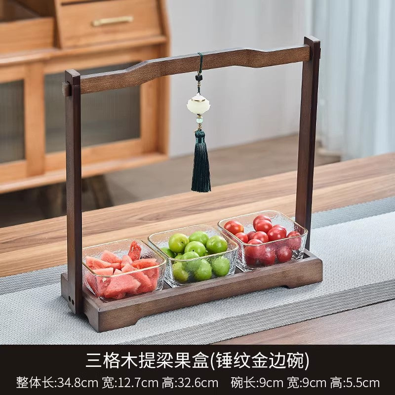 Chinoiserie walnut color dried fruit plate for home divided grids four-square grid lifting beam wedding new home glass bowl fruit plate fruit plate