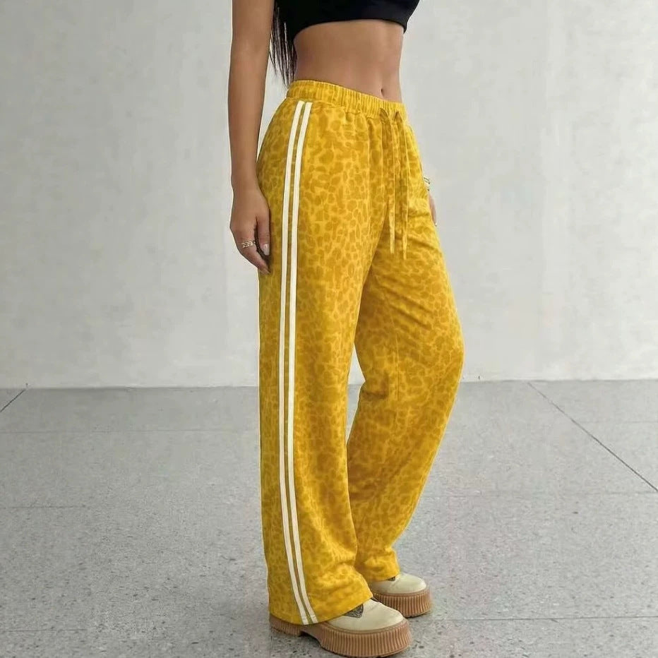 european and american ins style leopard print patchwork wide-leg pants - high waist, loose fit, trendy brand, slimming, casual straight leg