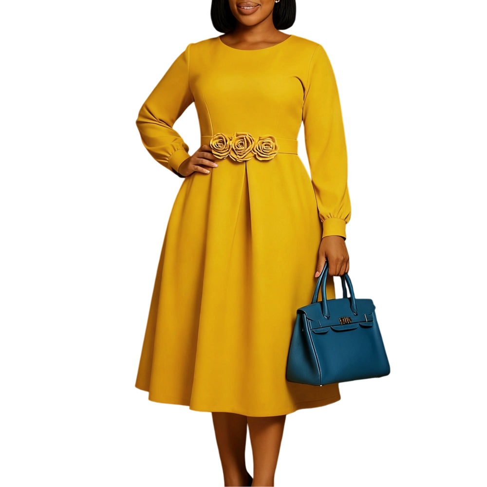 D602 women's foreign trade   autumn/winter new round neck long sleeve 3d floral skirt african dress
