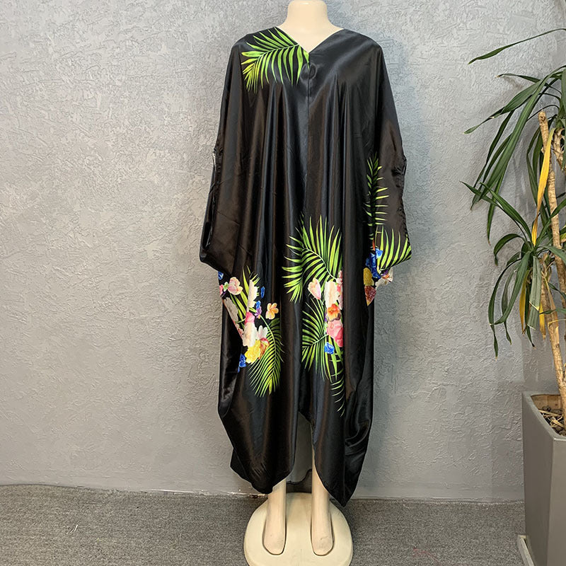 Faux silk printed loose fit plus size women's african style batwing sleeve maxi dress