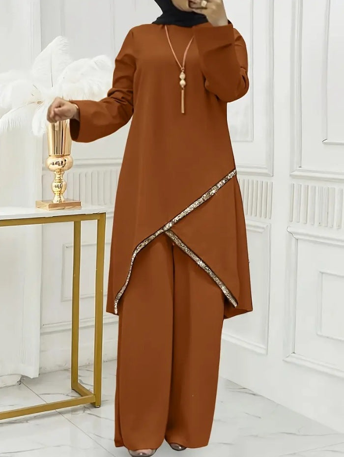 cross-border new arrival: women's two-piece loungewear set - relaxed fit with linear print design