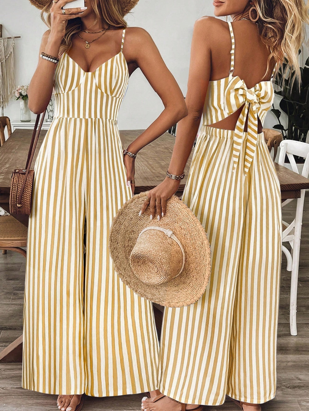 Ready-to-ship cross-border women's fashion jumpsuit: european and american style, spaghetti strap, open back, large bow detail