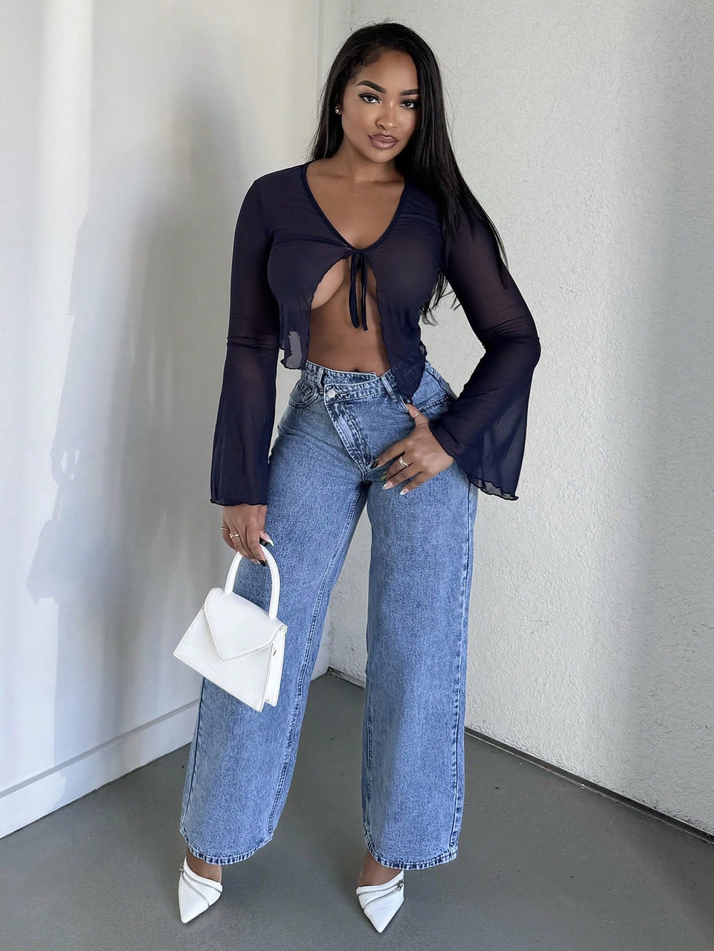 Fashionjeans women's light blue washed diagonal placket misaligned high waistloose pantsretrodrapedstraight-legmoppants