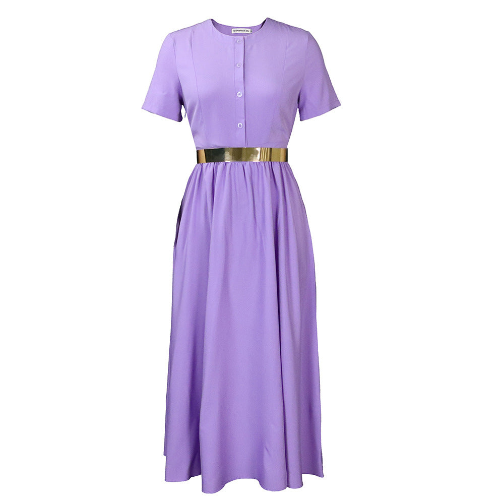D3134 belt european and american export women's clothing  summer new short-sleeved waist slimming look large skirt cross-border dress