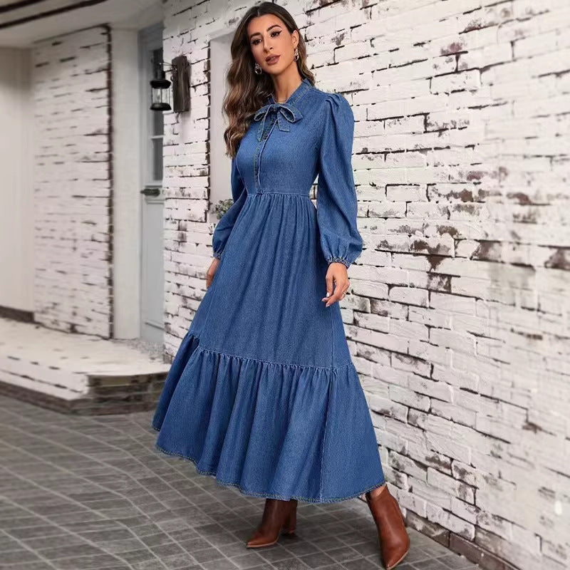 european and american new arrival: high-end denim long-sleeve fashionable fitted waist dress for women - perfect for  and independent cross-border e-commerce stores