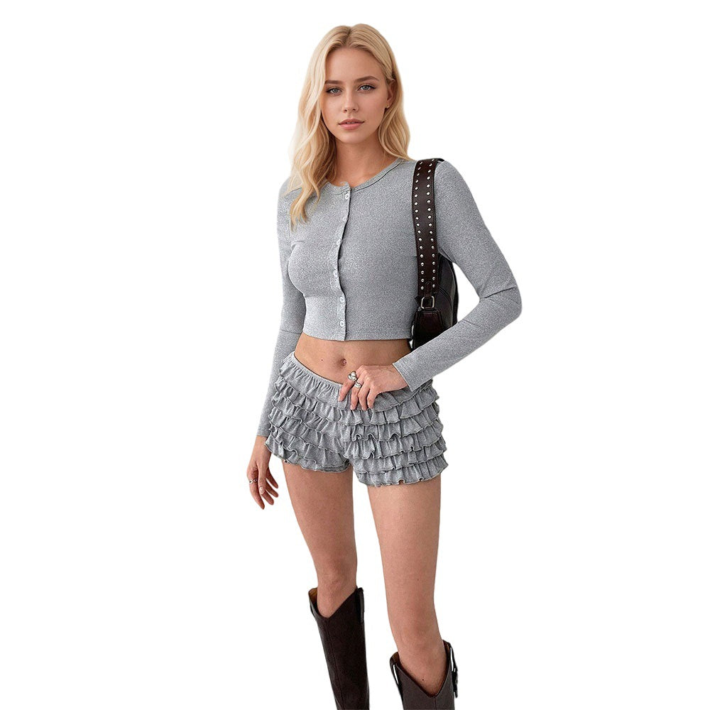 Cross-border European and American women's clothing autumn and winter new solid color slim-fit high-end long button cardigan long-sleeved top