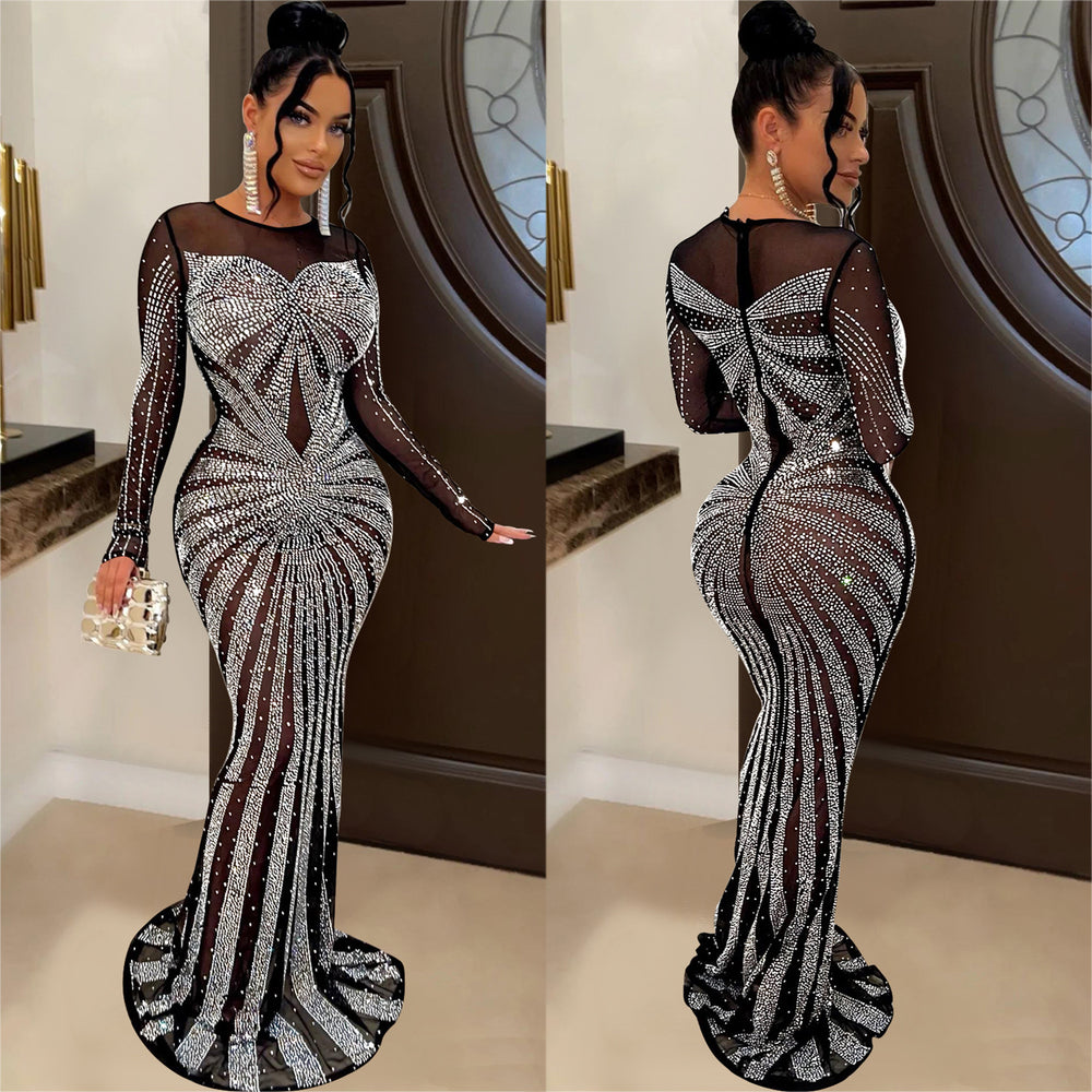 C6198   fashion women's solid color mesh see-through rhinestone long sleeve maxi dress