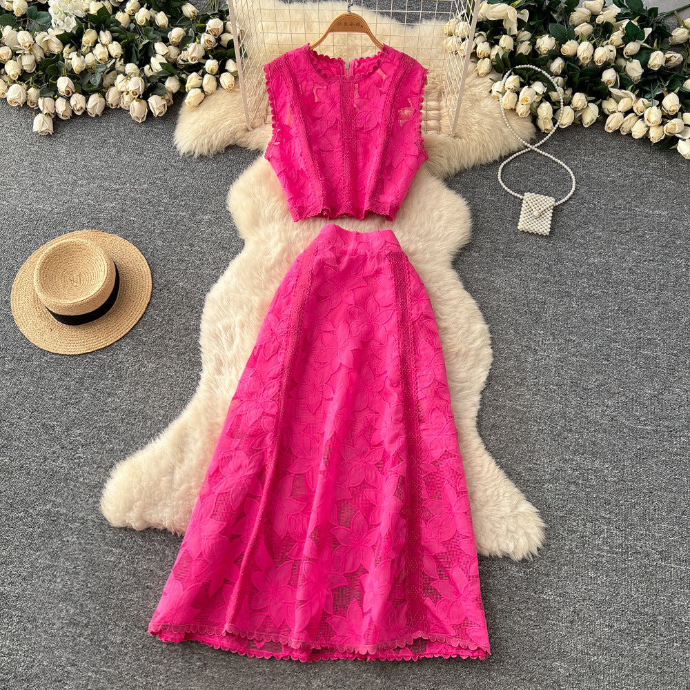 French style autumn outfit: elegant, high-end hollow-out lace embroidered sleeveless cropped top and high-waisted midi skirt set