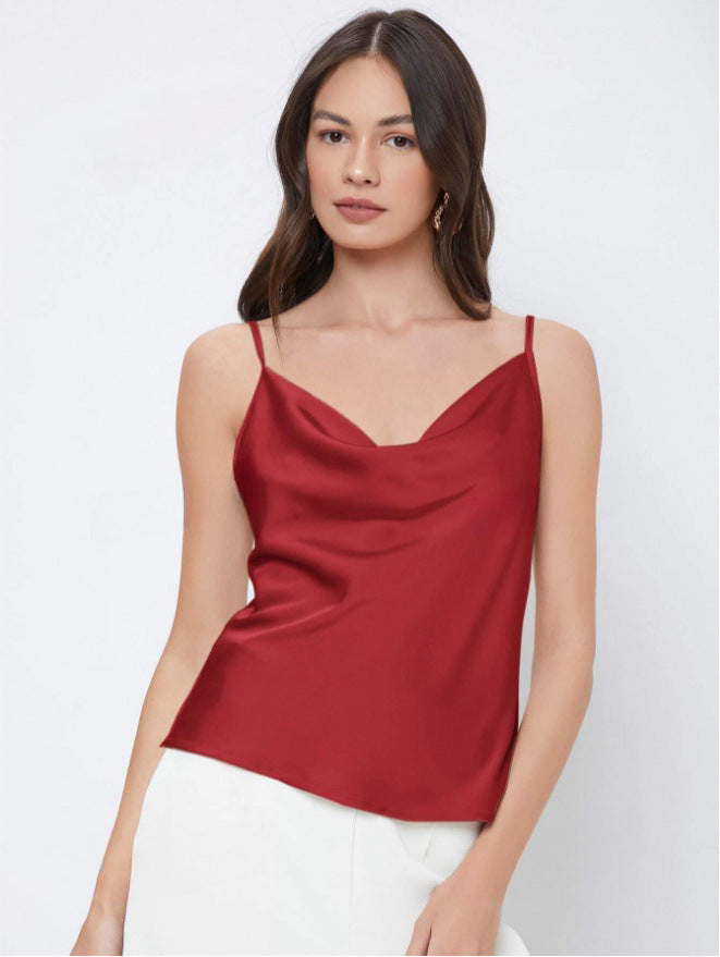 Suit with artificial silk satin suspenders women's stacked collar outwear sexy bottom swing collar short tops
