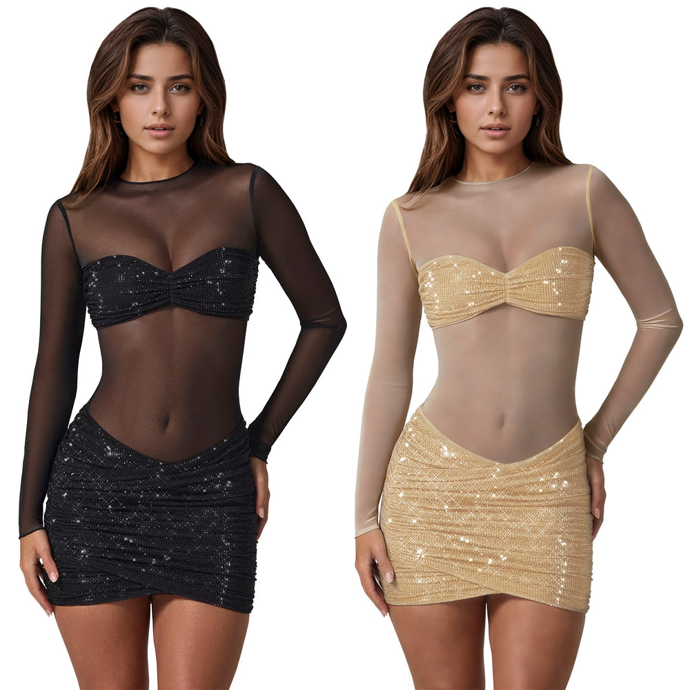 C7636 cross-border   fashion women's sexy see-through mesh rhinestone dress mini skirt