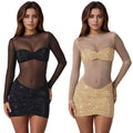 C7636 cross-border   fashion women's sexy see-through mesh rhinestone dress mini skirt