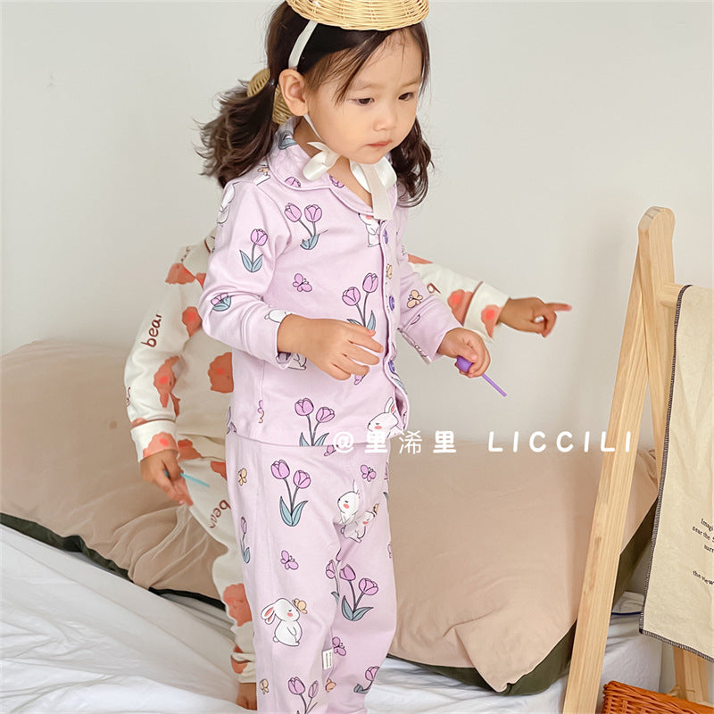 Baby cartoon pajamas, sleepwear, loungewear - stylish korean style, long-sleeved cardigan, pure cotton set, separates for toddlers and young children