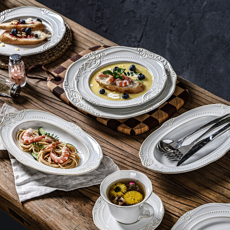 Ins embossed ceramic dinnerware set - vintage style dinner plates, western dinner plates, vegetable plates, royal style french cuisine dessert plates
