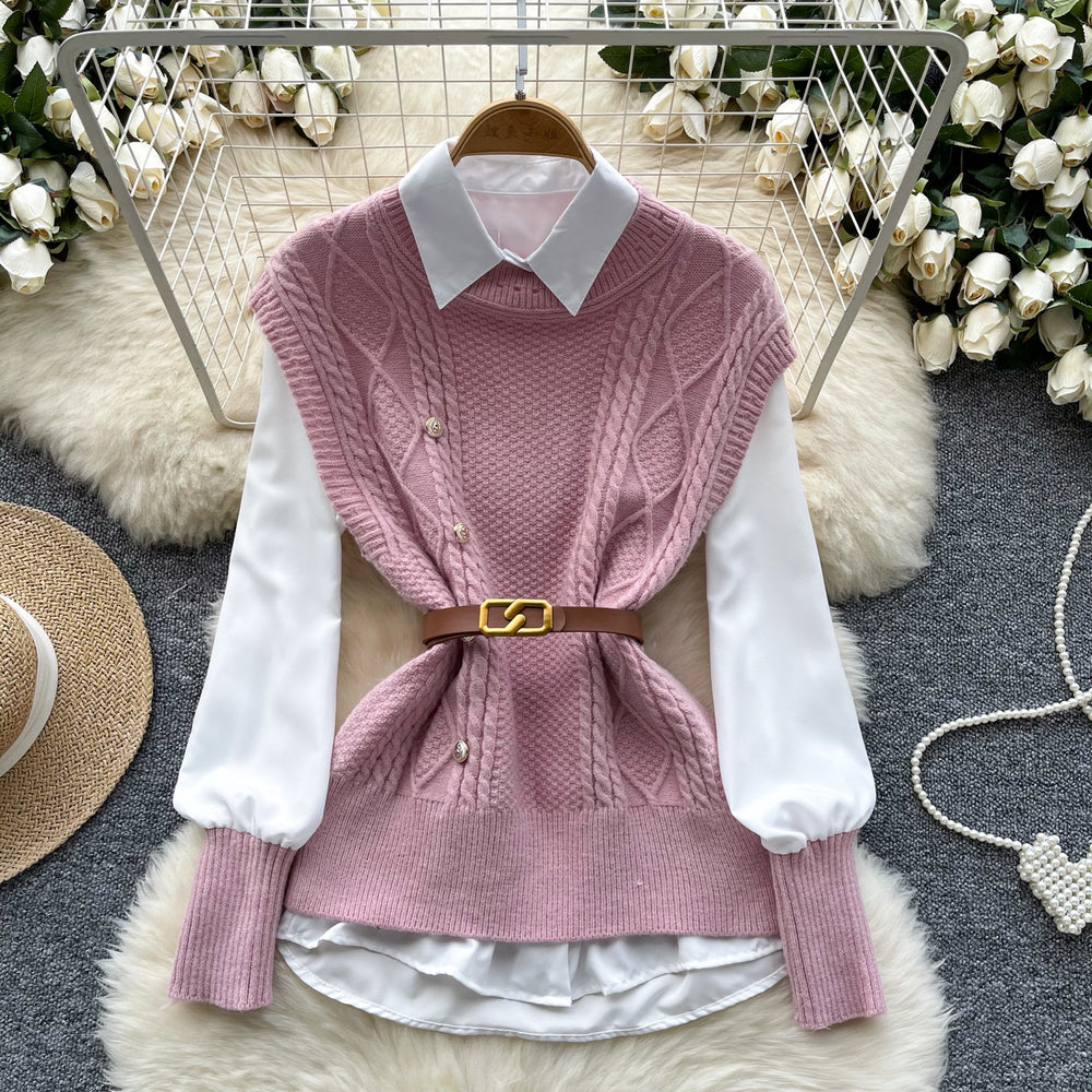 Layered shirt vest women's autumn two-piece set fashioneasiest for match sleeveless cable stitchknitting vest with long sleeves shirt