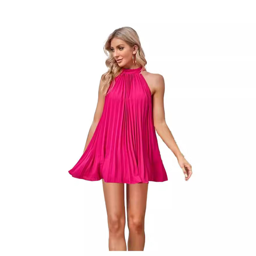Amazon-chic, european and american style,  spring new arrival: solid color, off-the-shoulder, pleated, stand-up collar, tie-up, sleeveless dress