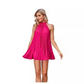 Amazon-chic, european and american style,  spring new arrival: solid color, off-the-shoulder, pleated, stand-up collar, tie-up, sleeveless dress