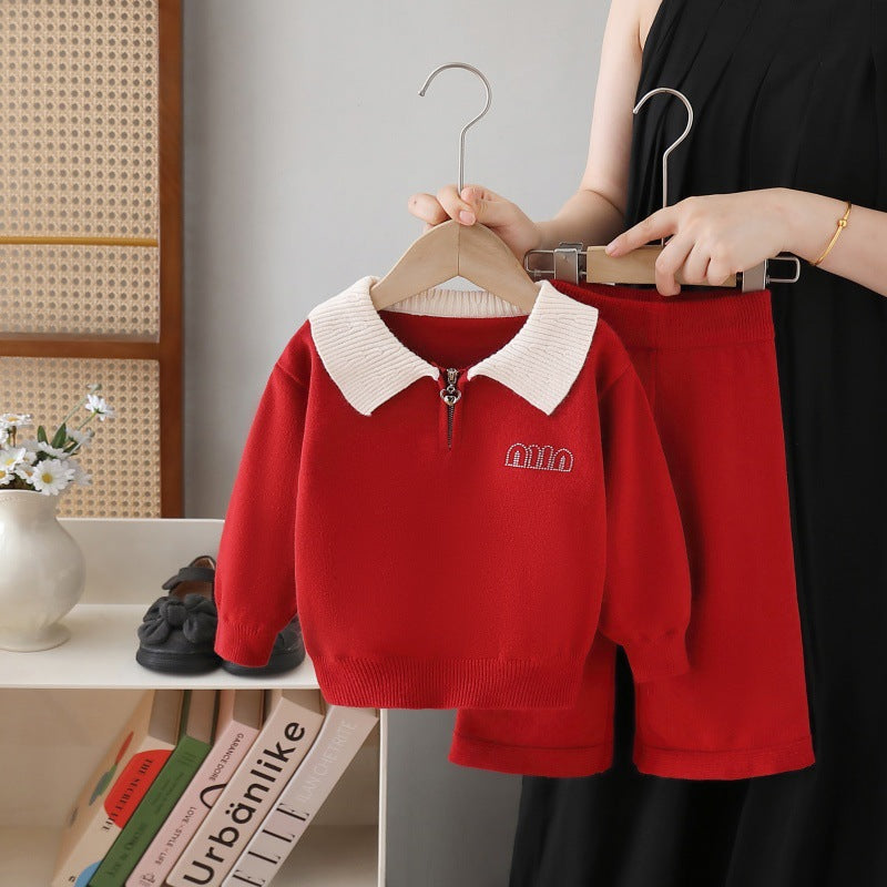 Girls' knit sweater polo shirt and pants set - new autumn  collection - casual sweater outfit for little girls