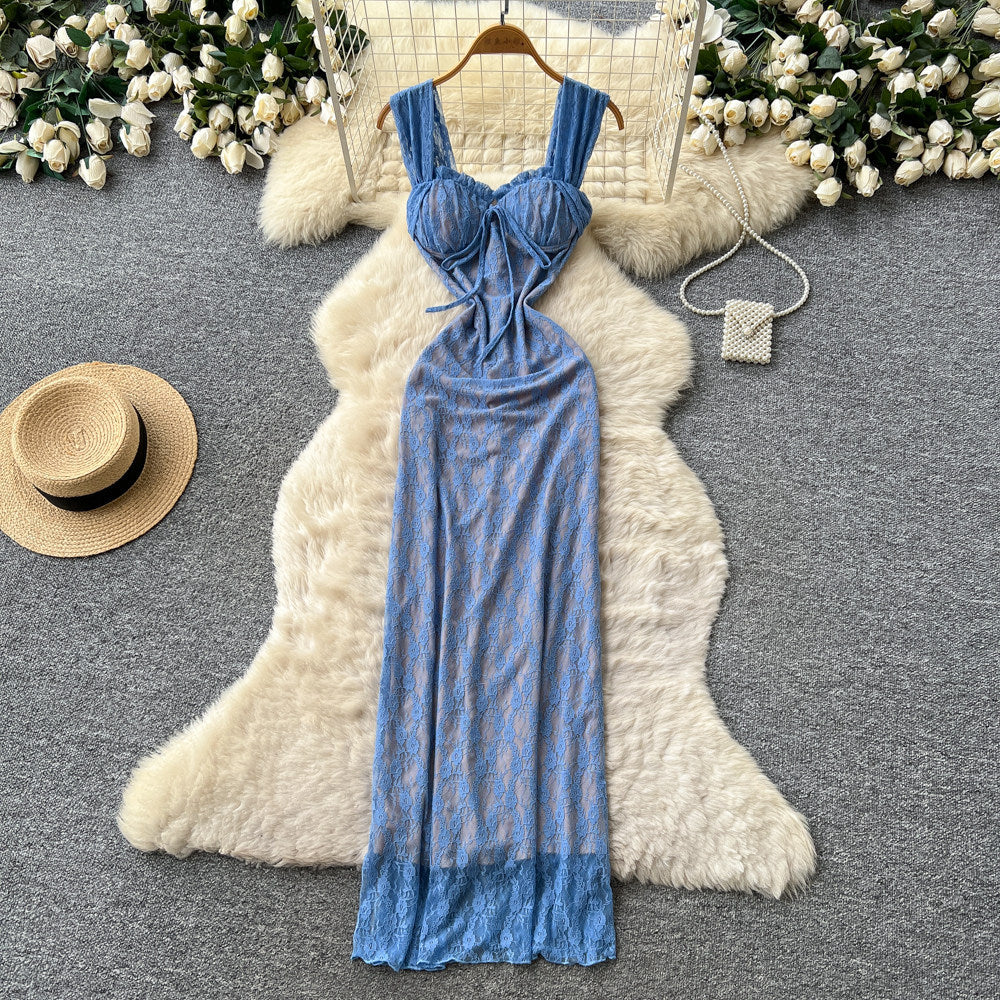 Pure desire style blue lace suspender dress women's summer silmsexy backless mermaid long dress vacation style dress
