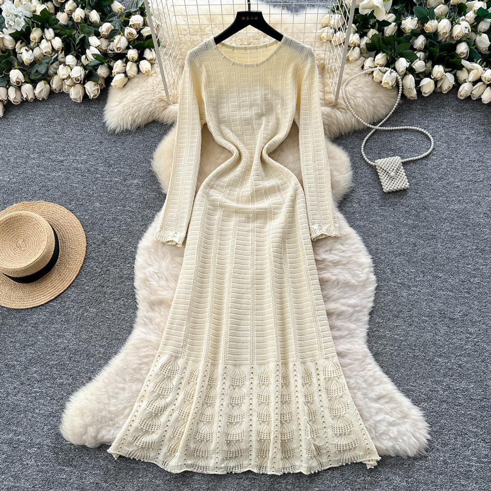Xiaoxiangfengclassy sense of celebrity heavy industry beading round neck long sleevescut outknittingdress female waist inner long skirt