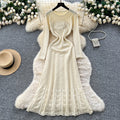 Xiaoxiangfengclassy sense of celebrity heavy industry beading round neck long sleevescut outknittingdress female waist inner long skirt