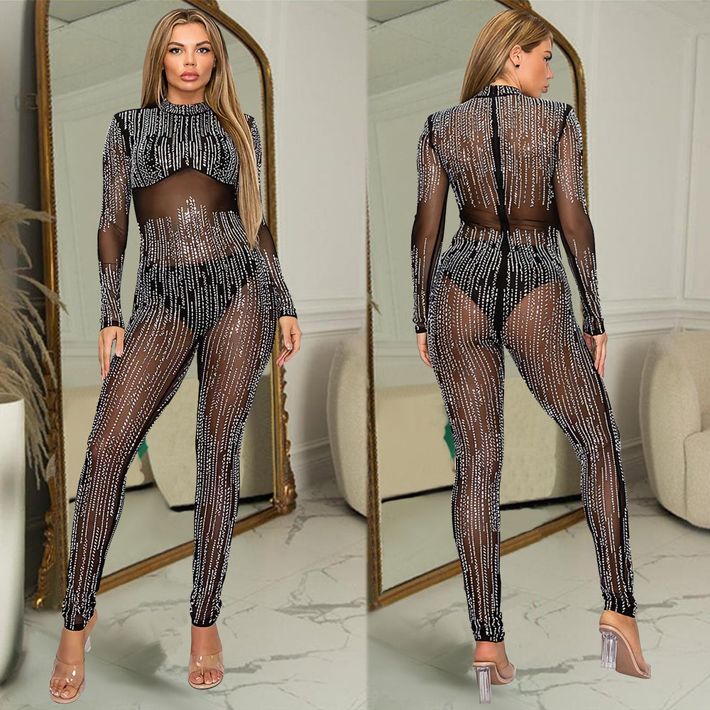C6958 cross-border   independent station hot diamond fashion sexy see-through jumpsuit pants two-piece set