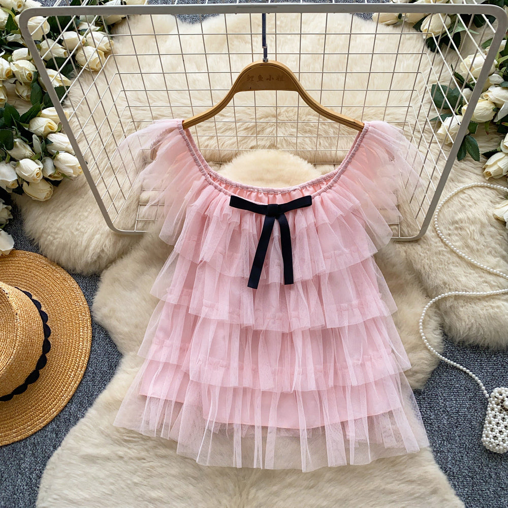 Korean style sweet bowknot layered mesh blouse - women's summer chic & youthful short-sleeve top