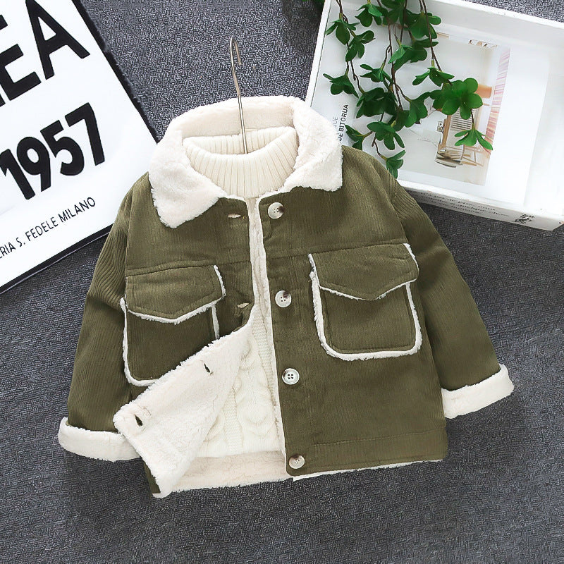 Baby thickened outerwear  new style children's fashionable fleece cotton coat infant corduroy jacket autumn and winter clothing for boys