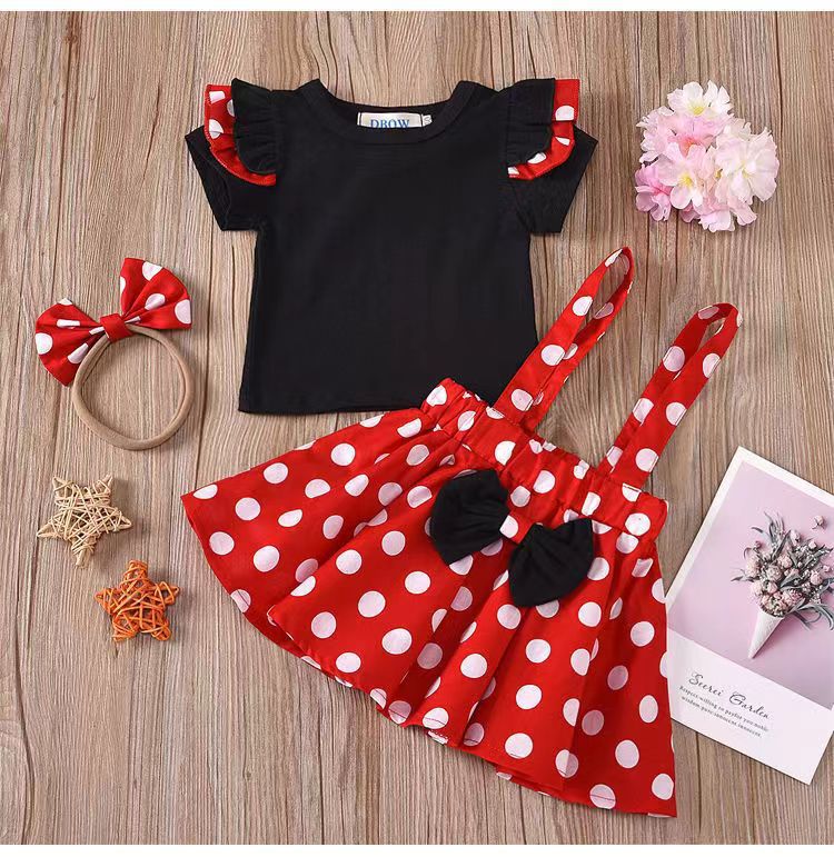 Best sellingpleated skirt kidsfall and winterlong sleeves cartoon polka dot suspender skirt children's clothing with hair tie 5t european and american girl suit