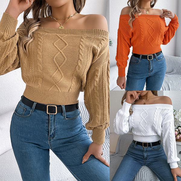 Real autumn and winter casual solid color one-word collar off-shoulder long-sleeved pullover sweater, independent station  European and American women's clothing