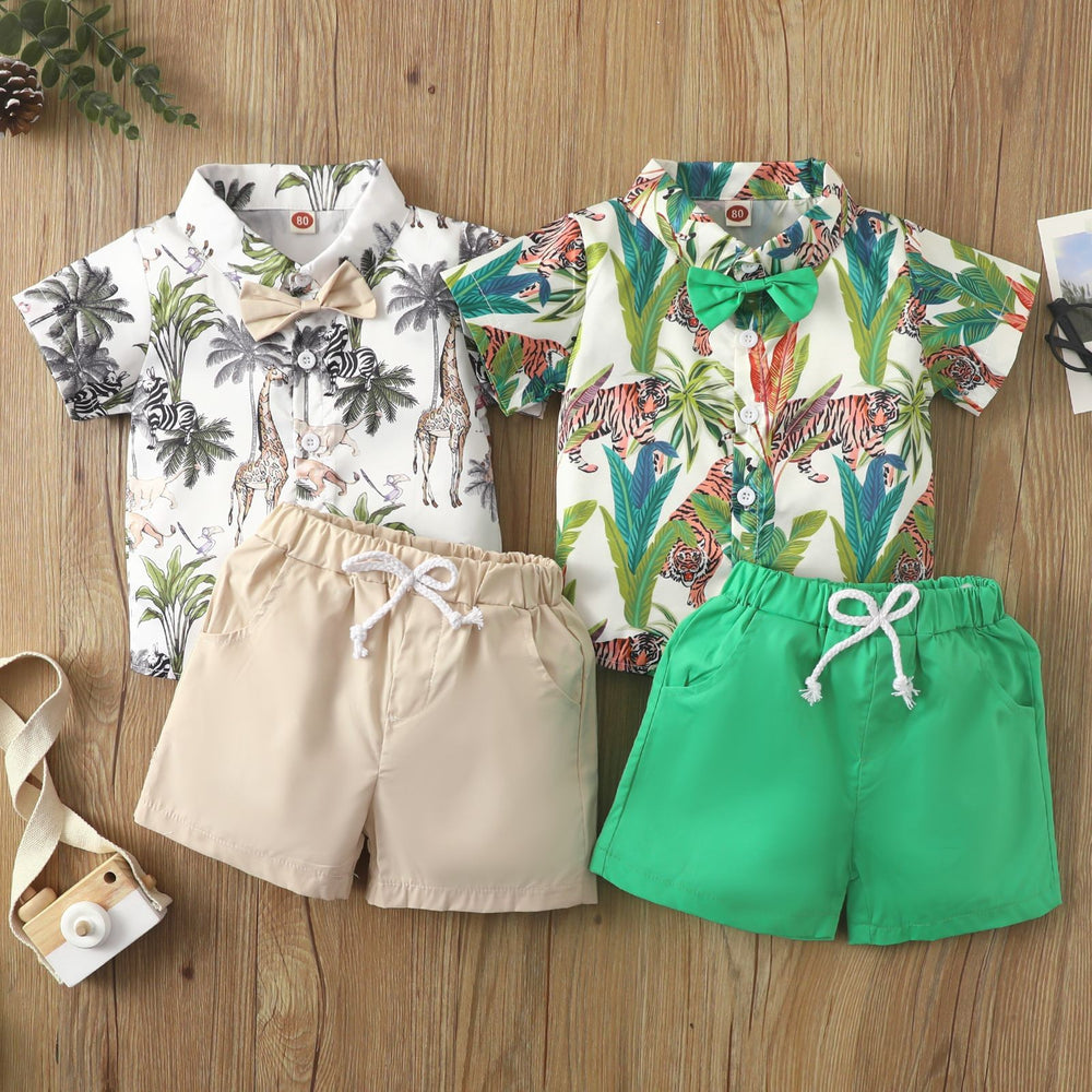 Amazon new spring/summer boys' leaf print short sleeve and shorts set - beach vacation style two-piece outfit