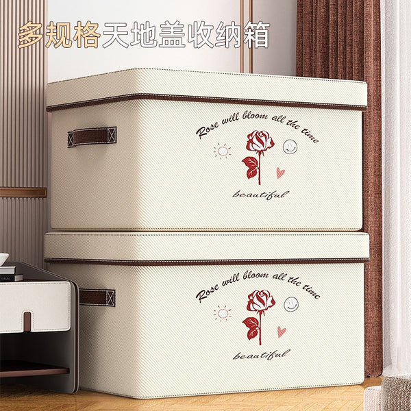 Tianshan cotton and linen rose storage box large capacity flip cover household clothes storage basket wardrobe foldable finishing box